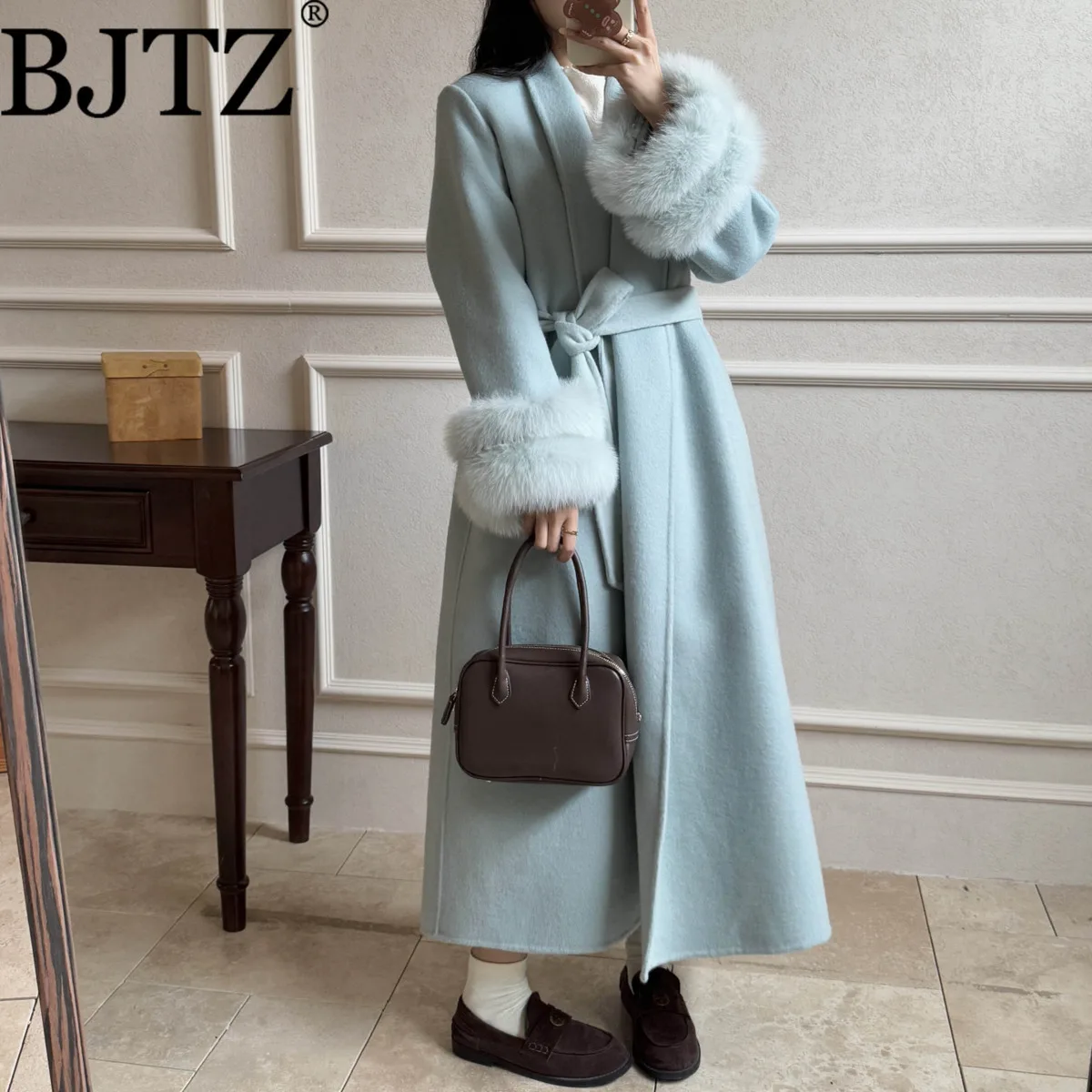 BJTZ Women’s Double Faced Wool Long Coat Designer Stand Collar Oversized Lapel Slim Fit Thick Warm Autumn Winter Fashion Coat