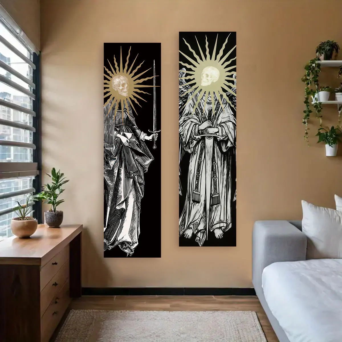 Vertikaler Wandteppich mit schwarzem Totenkopf, Schwert und Sonne, dunkler und geheimnisvoller Stil, ästhetische Kunstteppiche mit Skelett-Motiv für die Inneneinrichtung