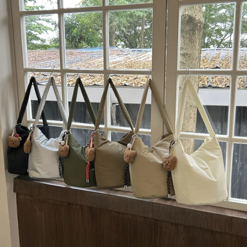 Ins Simple Solid Color Soft Cotton Bag Fashion Casual Senior Feeling Shoulder Handbag Bucket Bag Daily Collocation Lady Bag