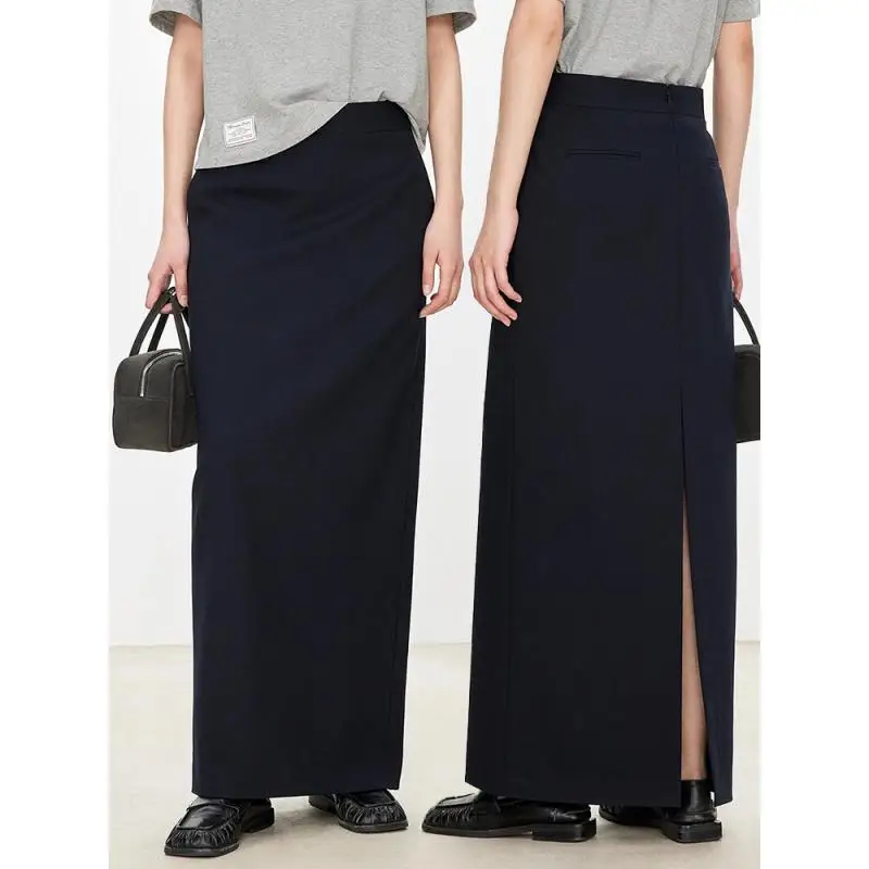 Maxdutti French Minimalist Imported Quality Spun Australian Wool Sexy Split Straight Leg Skirt Party Woman Clothes Black Skirts
