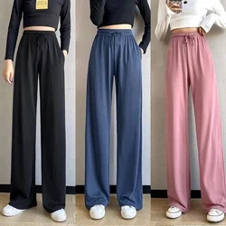 Pantalones de pierna ancha de seda de hielo para mujer, pantalones casuales rectos y sueltos de cintura alta, Color puro, moda deportiva, 2022