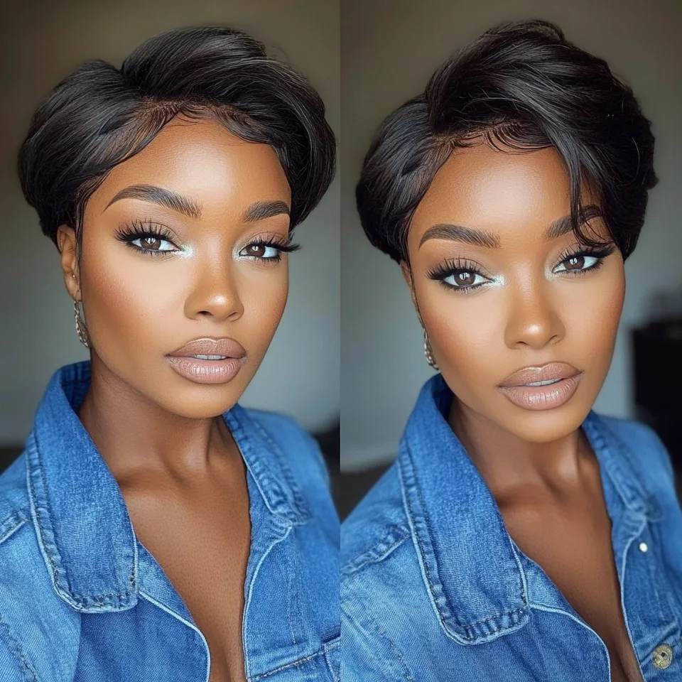 natural black color pixie cut short curly 6inch  150% density daily party use wig pixie 13x1 T lace human hair wigs