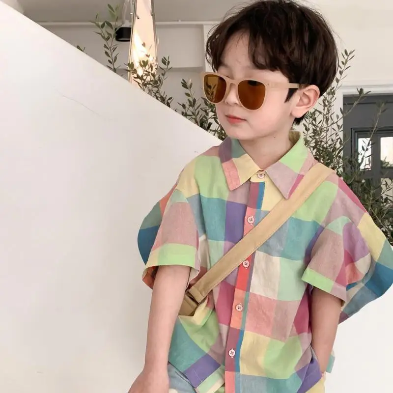 2024 Summer Fashion Sibling Costume Girl Loose Big Puff Sleeves Turn-down Collar Blouse Colourful Plaid Shorts High Quality Suit