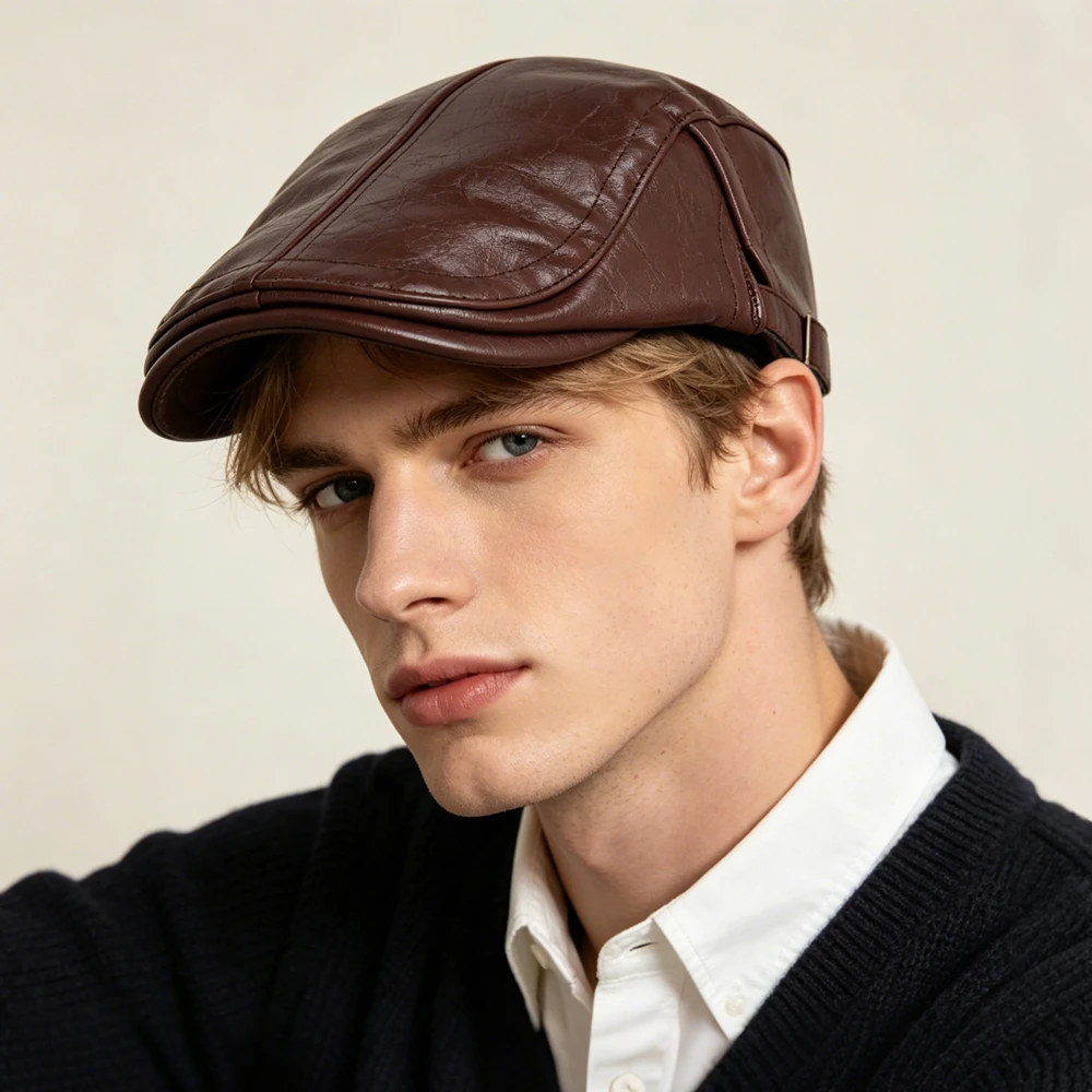 PU Newsboy Cap Men Women Autum - Leather Work Hat ulasan dan harga