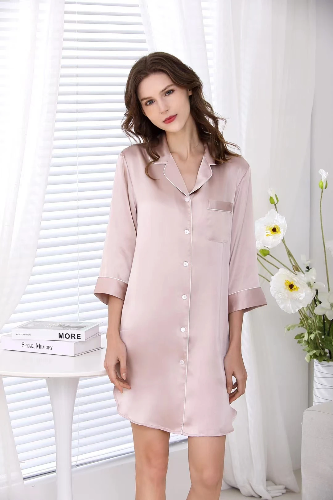 100% Mulberry Silk Dress luxury Pure Silk Solid Color Classic Button Up Nightshirt