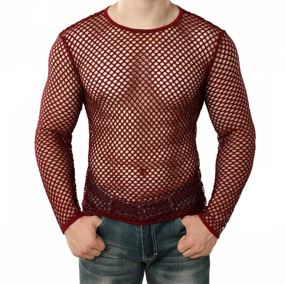 Men Transparent Sexy Mesh T Shirt 2024 New See Through Fishnet Long Sleeve Muscle Undershirts Nightclub Party Perform Top Tees