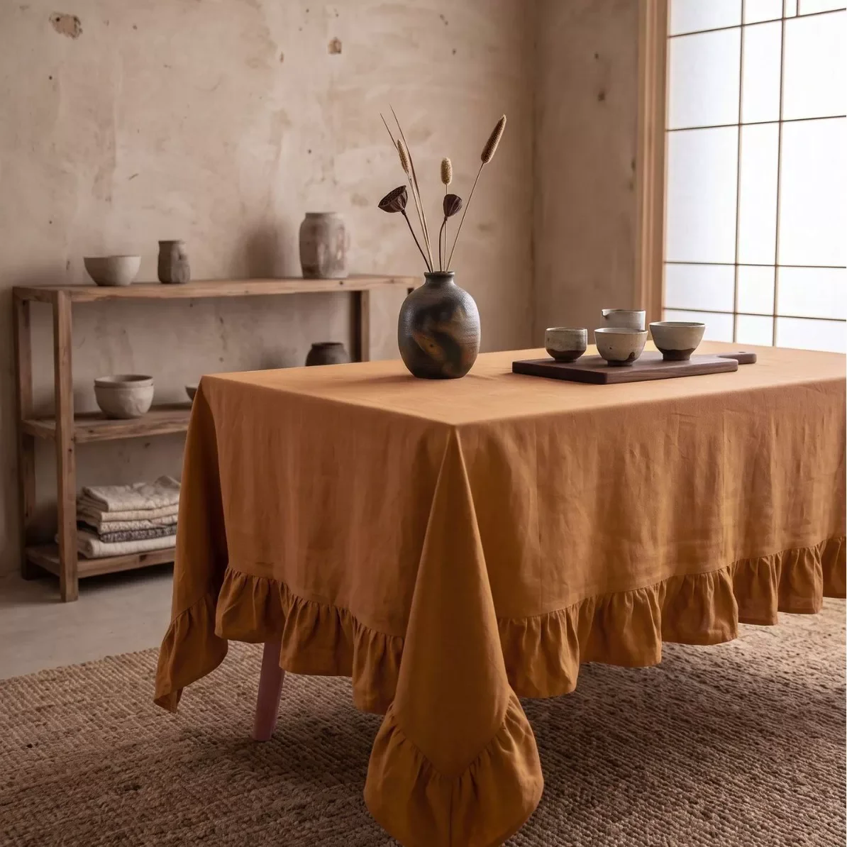 Boho Farmhouse Linen Tablecloth 100% Natural Flax Washable Ruffled Table Cover for Dining Room Kitchen Patio Wedding Decor