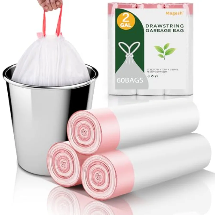 2 Gallon Small Trash-Bags Drawstring Bathroom - White Mini Garbage Bags 60 Count Plastic Unscented 7.5L Tiny Waste Basket Liner