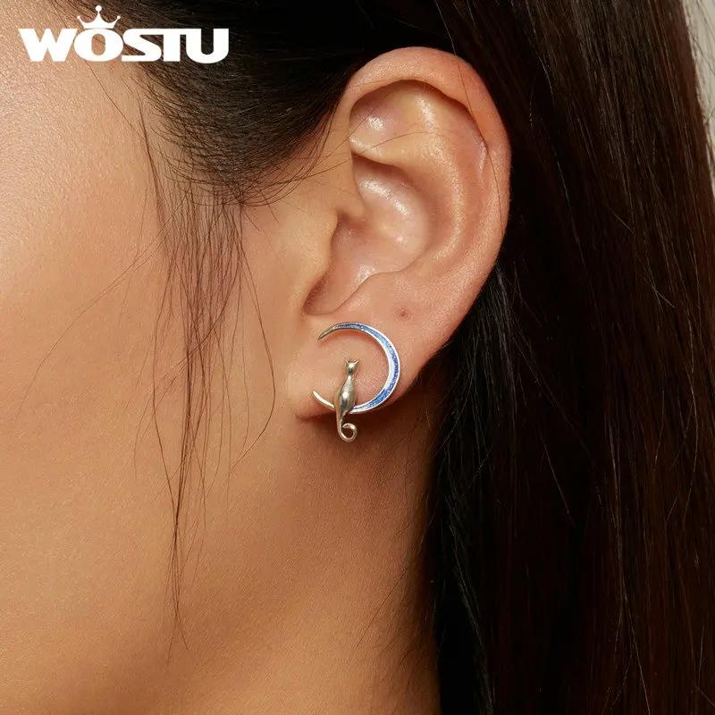 WOSTU 925 Sterling Silve Original Moon Cat Earrings with Blue Enamel Pet Ear Studs For Women Fine Jewelry Party Daily Gift