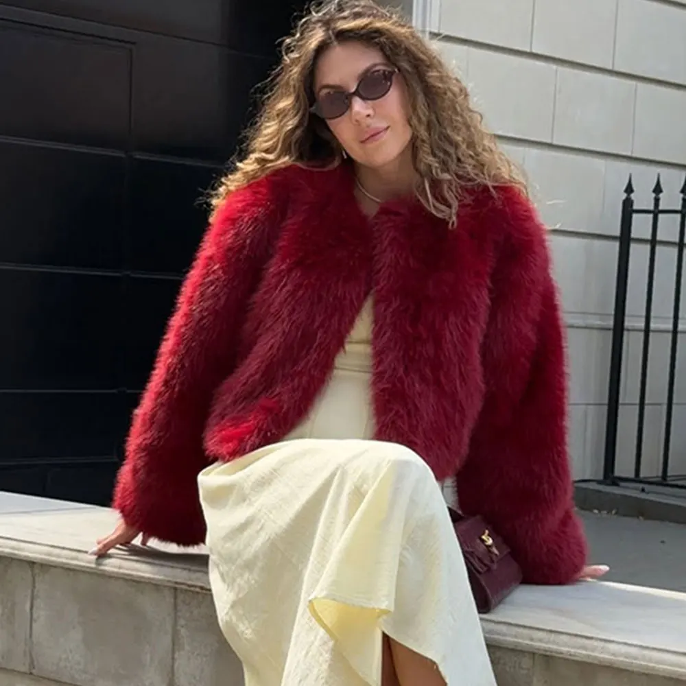 2025 겨울 여성 레드 인조 모피 재킷 시크한 소녀 패션 스트리트웨어 두꺼운 따뜻한 라운드 넥 폭스 퍼 코트 아우터웨어