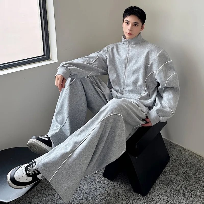 IEFB Korean Style Men\'\'s Two-piece Set Stand Collar Contrast Color Line Design Tops Drawstring Straight Leg Male Pants 9C8465