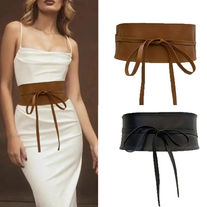 Length 115cm/240cm Bowknot Simple Wrap Luxury Wide Waist Band Leather Belt Corset Waistband Ladies Dress Cummerband