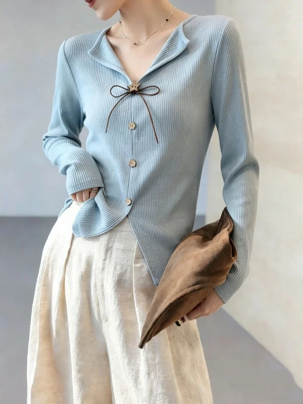 Light Blue V-Neck Long Sleeve Women's T-Shirt Waist-Cinched Asymmetrical Top Korean Style Spring Fashion plus Size