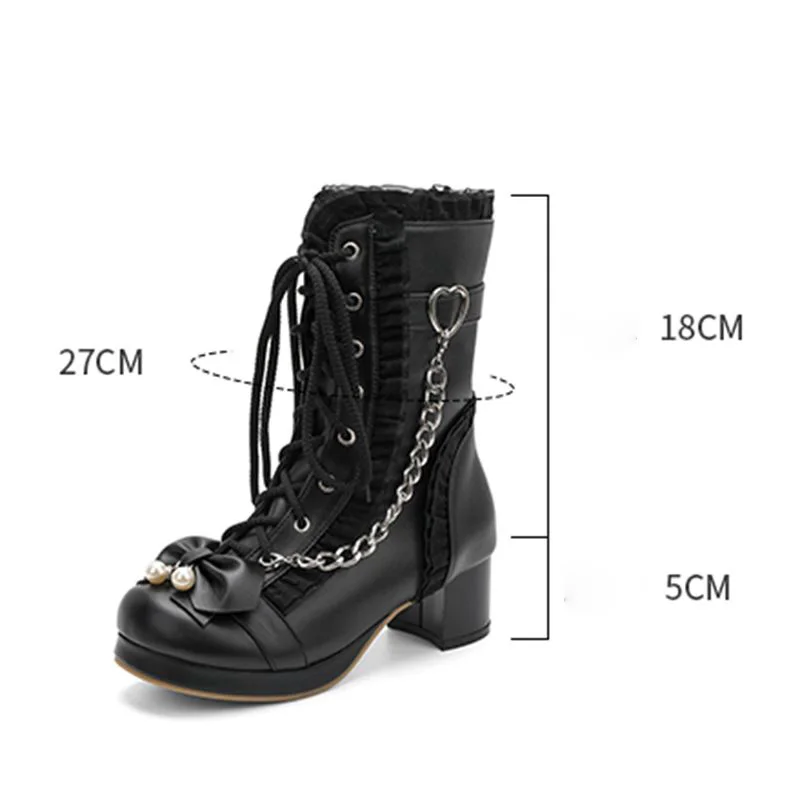 REAVE CAT Sweet Lolita Style Women Mid Calf Boots Round Toe 5cm Block Heel Lace Up Bowknot Small Big Size 28 29 42 43 Pink Black