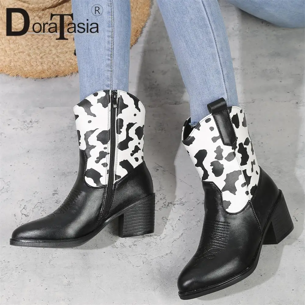 Brand New Ladies Pointed Toe Cowboy Boots Fashion Mixed Colors Chunky Heels women's Cowgirl Ankle Boots Casual Party Shoes Woman