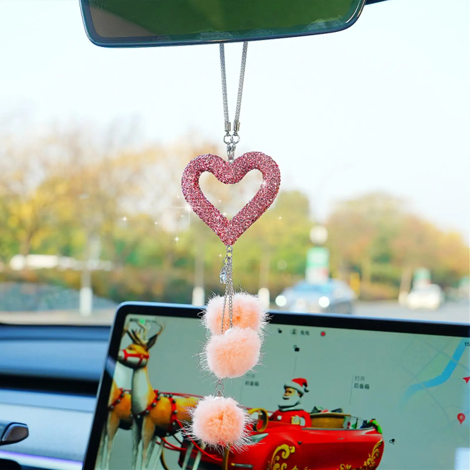Heart Car Charms For Rear View Mirror Automotive Hanger With Plush Ball Bling Heart Car Charms For Women Girls Vehicle Truck - view 4