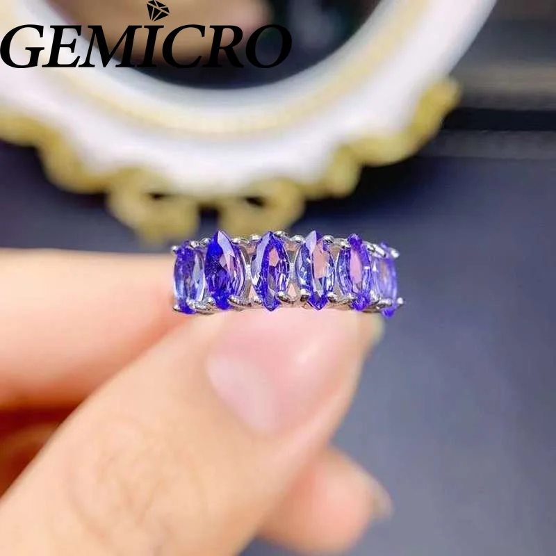 

Gemicro 925 Sterling Silver Jewelry Marquise Cut 3*6mm Natural Tanzanite Crystal Ring as Wedding for Men and Women Wear Gifts