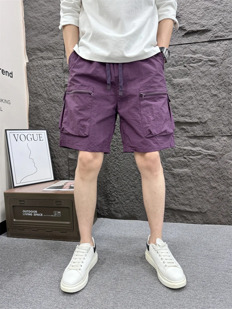 

Qui Dry Workwear orts Men's Trendy Brand Zipper Multiple kets mid Waist Straight Leg Five-Quarter Length Beach Pants