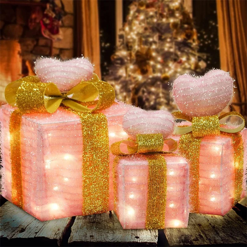 3Pcs/Set PVC Christmas Gift Box Set Luminous Folding Christmas Lighting Box with Bow Ribbon Christmas Glowing Decoration Outdoor