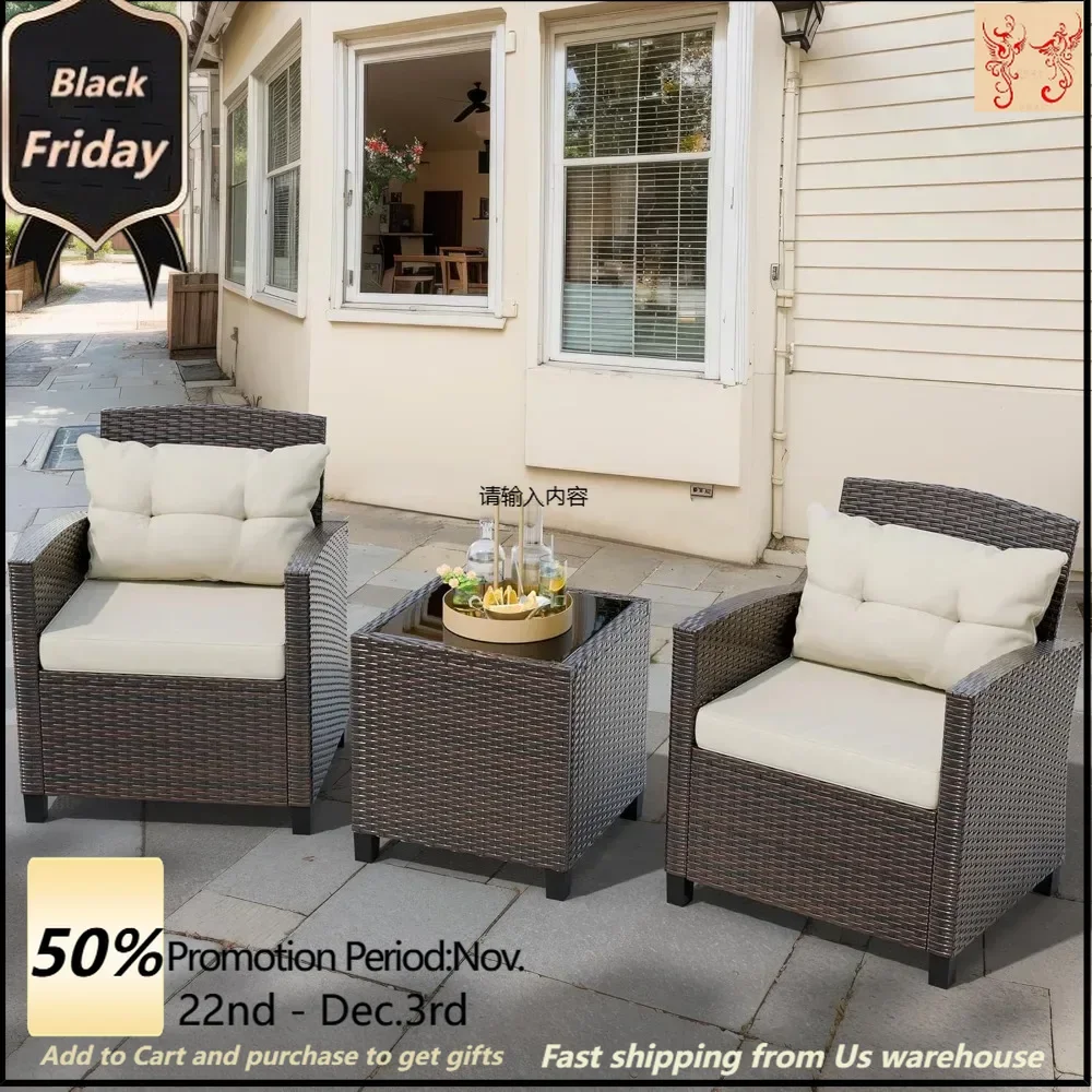 

3 Piece Patio Furniture Set, Outdoor Wicker Conversation Bistro Set, Outdoor Patio Furniture with Tempered Glass Table