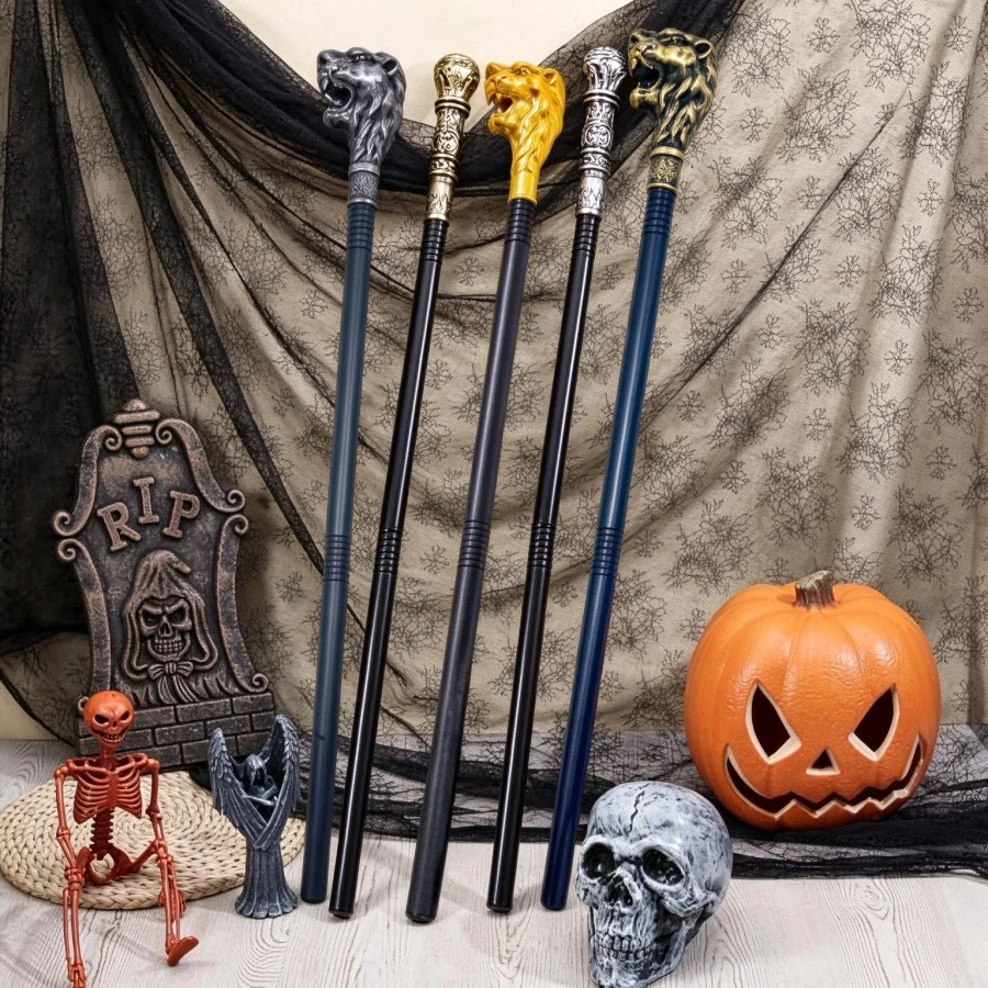 New Festival Skull Lion Head Scepter, Plastic Walking Cane Stick, Cosplay Costume Prop for Makeup Party Performance
