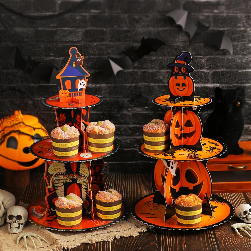 Halloween Pumpkin Multi-tier Cake Stand Decoration 3D Paper Cake Tray Party Christmas Treats Setting Cake Tools