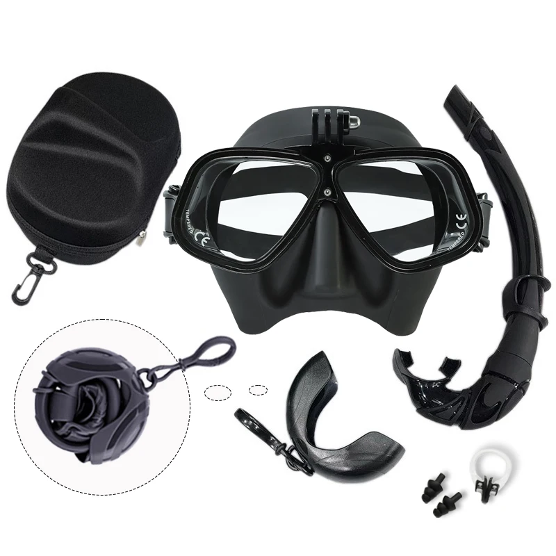 Low-Capacity Aluminum Alloy Freediving Mask With Camera Mount - Anti-Fog Glasses Snorkel Set For Diving, Snorkeling,Spearfishing