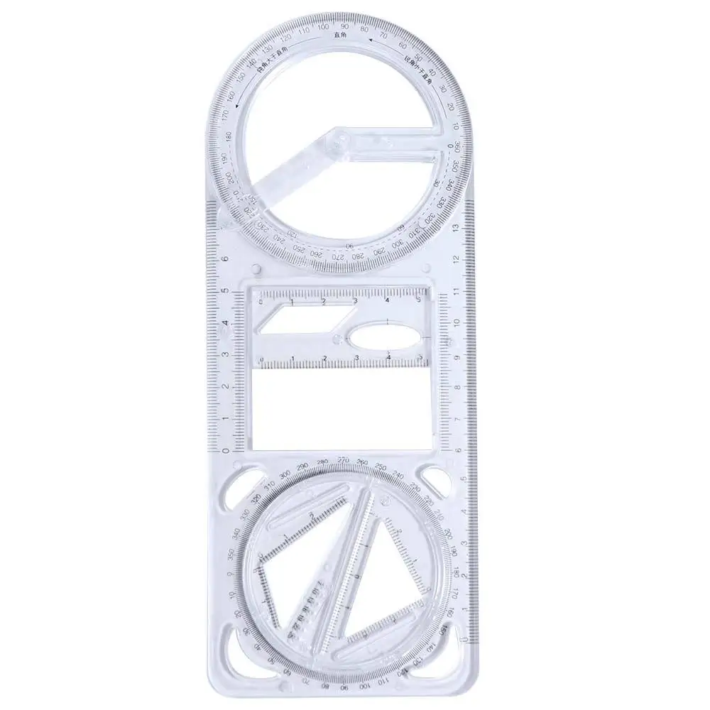 Régua de desenho de ângulo de atividade multifuncional 360 °   Modelo de desenho de medição transparente de régua geométrica móvel