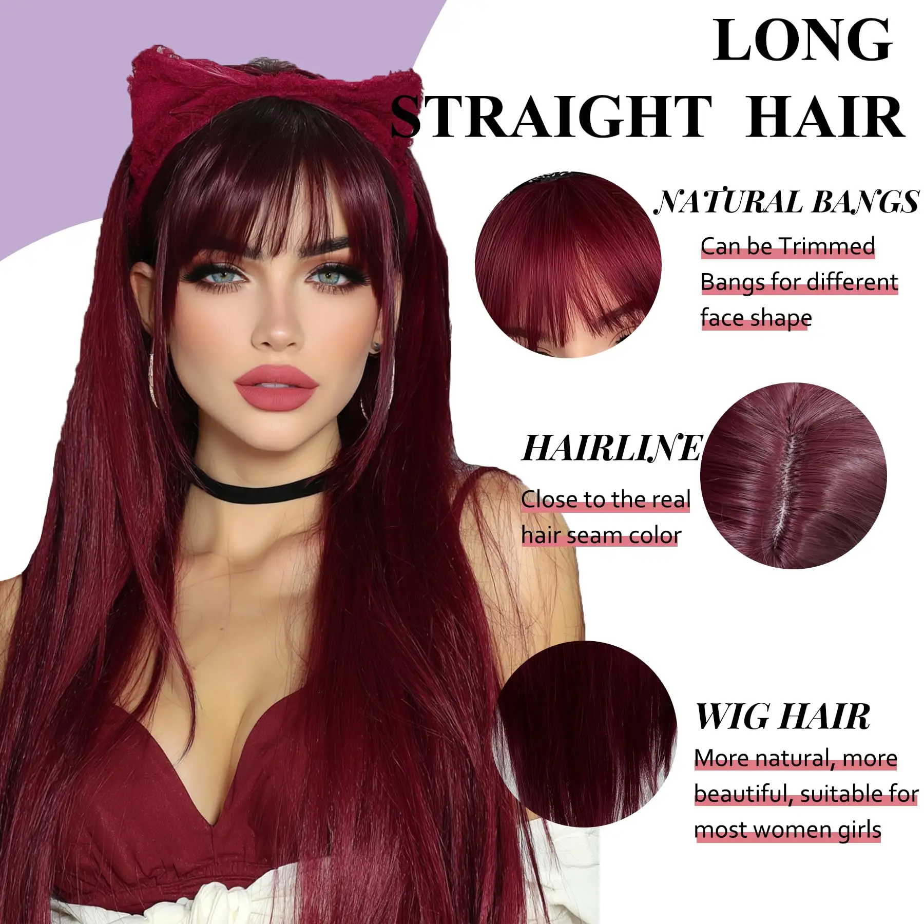 Dark red best-selling straight hair synthetic wig for Halloween party, cosplay role-playing wig, daily wig, hot wire wig headban