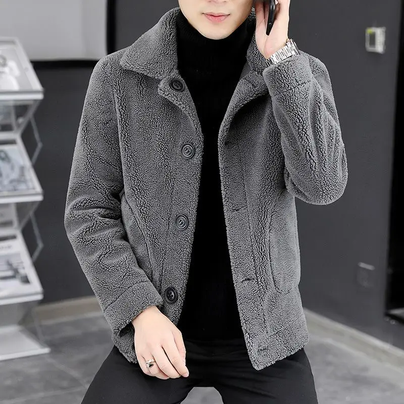 2024 Autumn and Winter Men\'s Sheep Two Sided Wearing Fur Cardigan Jacket Plush Thickening Slim Fit Fashionable Clothes C31