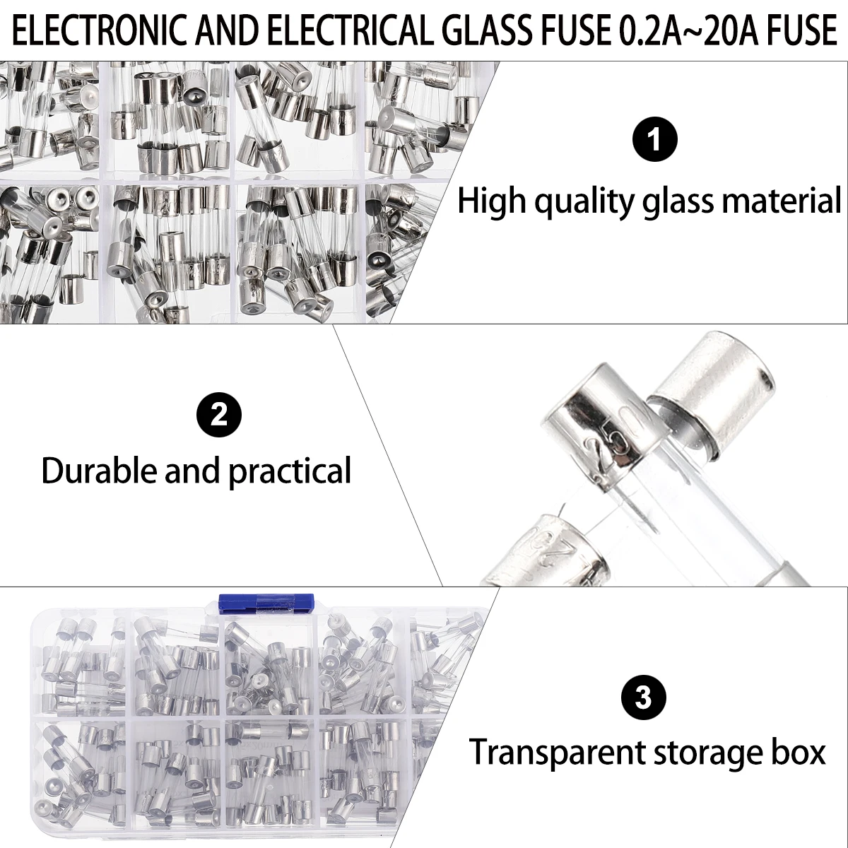 

100pcs Glass Tube Fuse 5x20mm Fast Blow 0.2A 20A Assorted Kit Durable Practical Home Appliance Electronic Car Toy