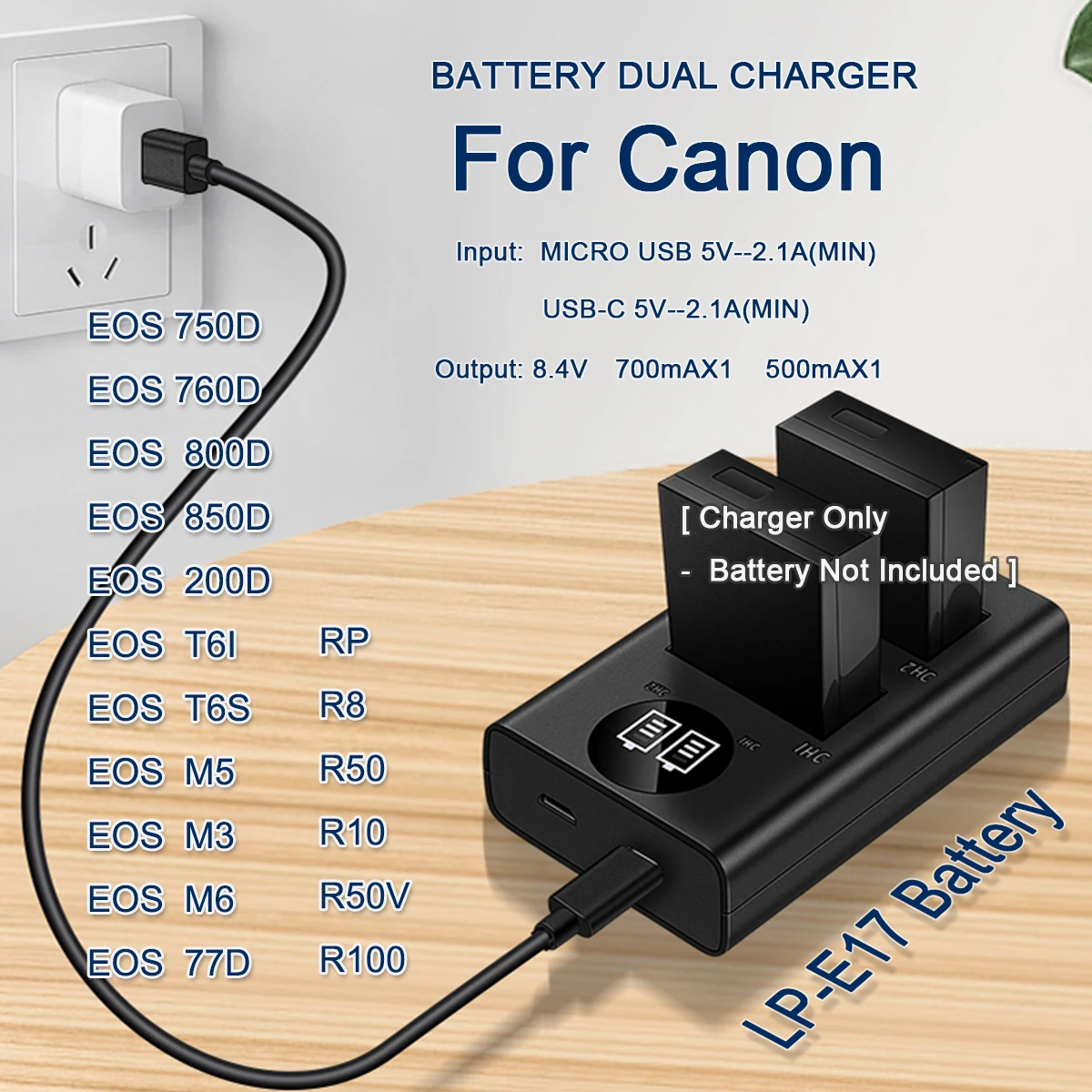 LC-E17 Battery Charger LP-E17 Compatible with for Canon EOS Rebel T7i, T6i, T6s, SL3, SL2, 77D, 9000D, 8000D, 800D, 760D, 750D