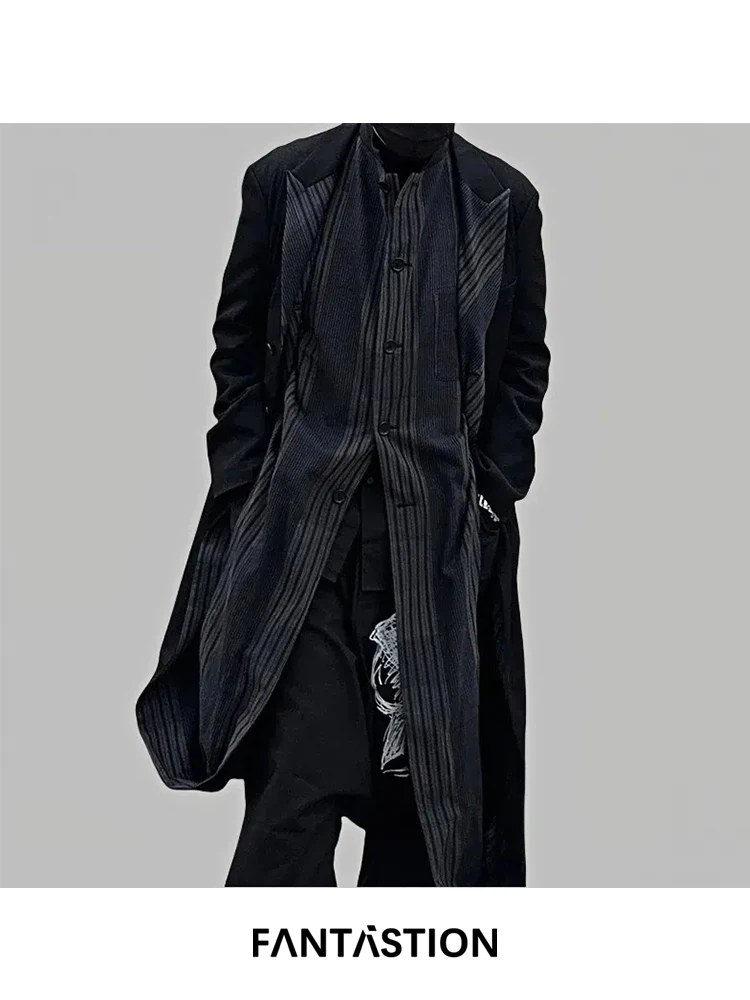

FANTASTION Deconstructive design two-layer fabric patchwork stripe collar coat asymmetric cut loose personality jackets