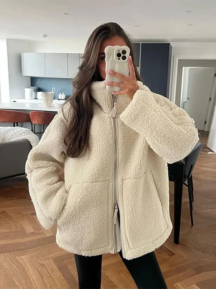 

Solid Vintage Loose Zippered Plush Jacket Women's Fashion Elegant Long Sleeve Overcoat 2024 Autumn Winter Thick Warm Street Wear