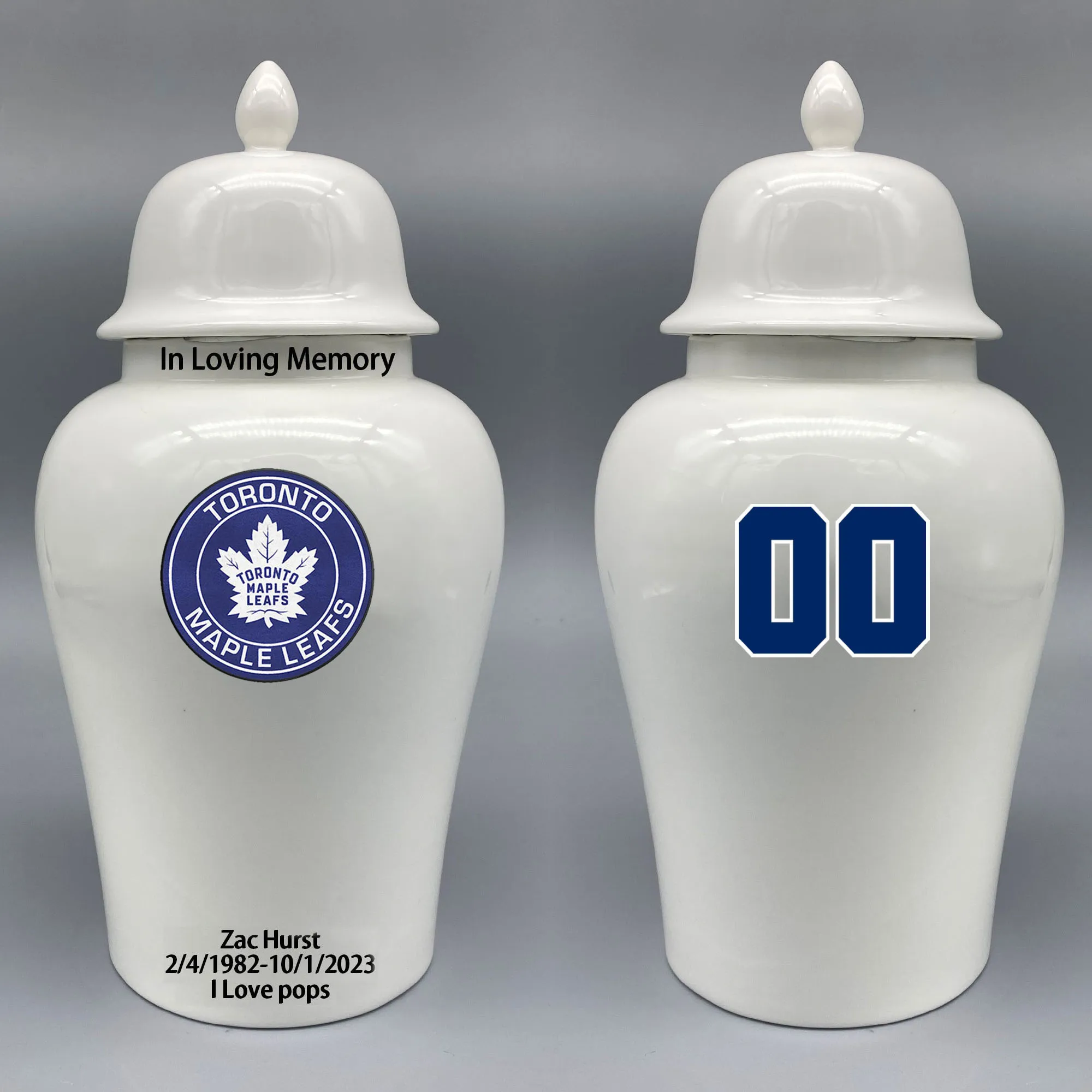 

Large Urn for Toronto Maple Leafs-themed Hockey Urn.Please send me the customize information-name/date and number on the urn