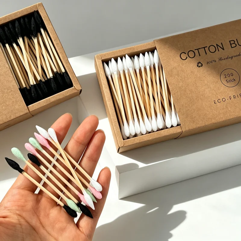 200 Stück Bambus-Wattestäbchen mit Doppelkopf, Bunte Öko-Freundliche Biologisch Abbaubare Holzstäbchen für Ohrenreinigung und Make-up
