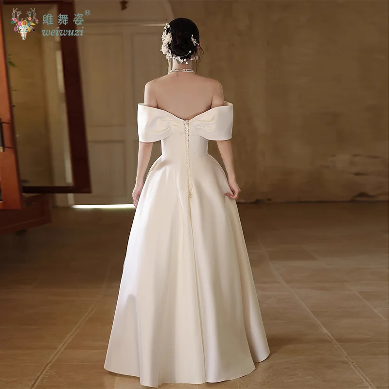 2025 novo coreano cetim simples uma palavra pescoço ombro luz vestido de casamento a linha cintura alta vestido de casamento de noivado