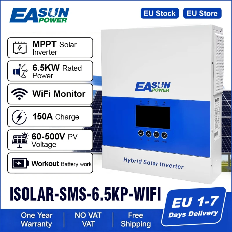 Easun 6,5KW 48V Hybride Off-Grid Solar Inverter 120A MPPT 230V Output Grid-tie 50Hz/60Hz 500V PV Solar Charger Parallel WIFI BMS