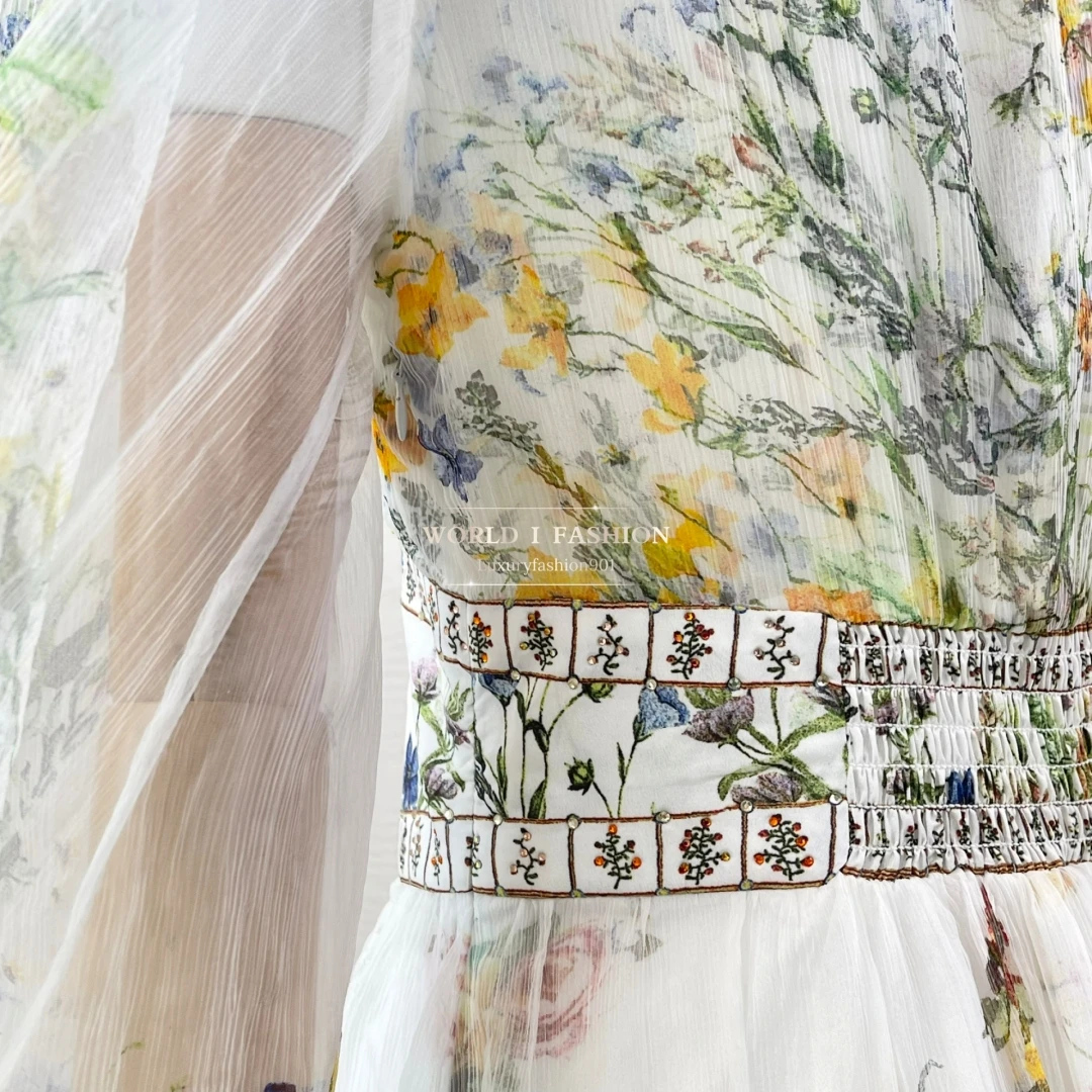 

White Green Floral Print Long Sleeve Diamonds V Midi Dress High Quality 2025