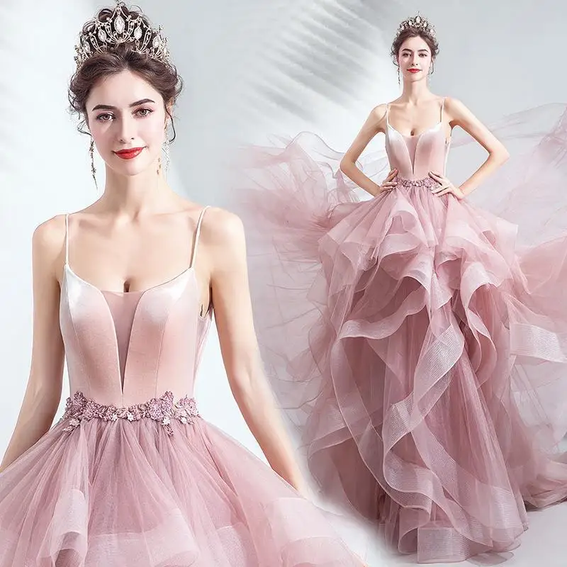 

Pink Bride Wedding Toast Dinner Party Art Test Trailing Wedding Evening Dress Wholesale Vestidos De Mujer Elegantes Para Fiesta