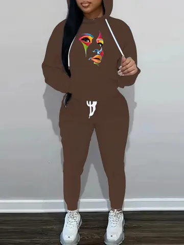 plus Size Women's Hooded Long Sleeve Letter Patterned Casual Suit Loose Fit Pants Set XL-5XL Autumn Winter Collection
