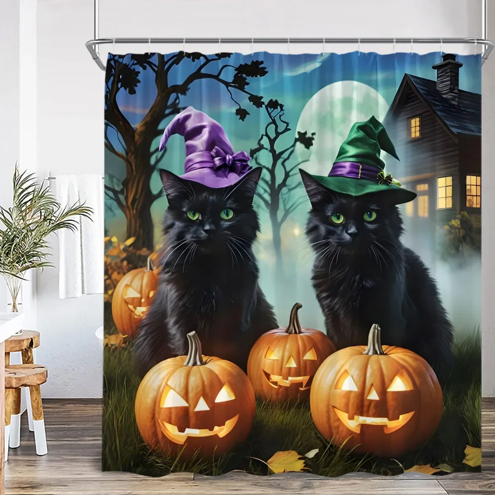 Black Witch Cat Halloween Shower Curtain Full Moon Horror Night Evil Pumpkin Graveyard Bathroom Decor Polyester Bathtub Curtain