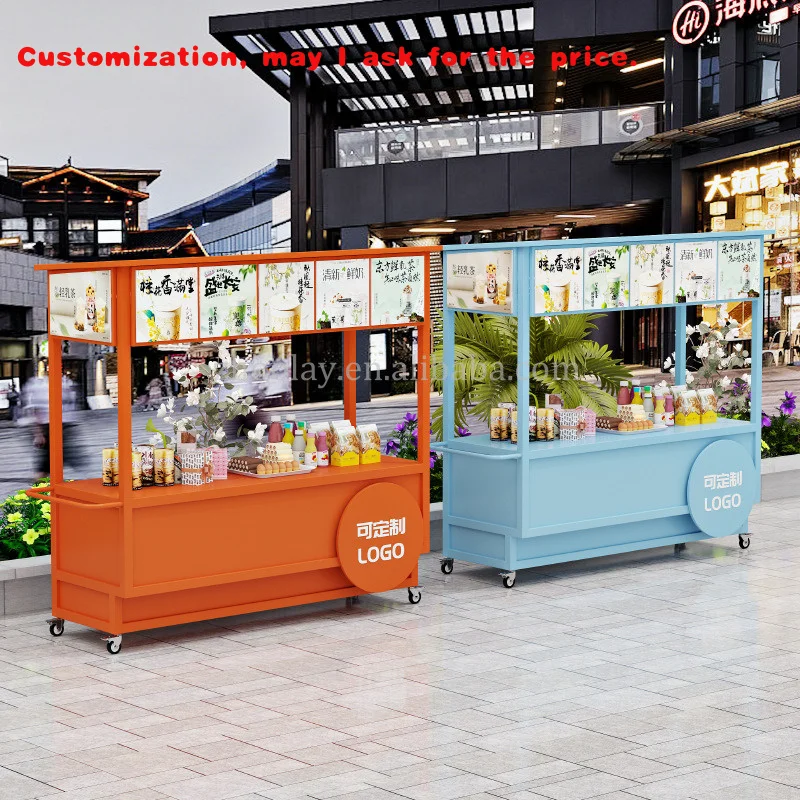 custom.Outdoor Mobile Confectionery Cart Selling Fast Food Cart With Wheels Sweets Coffee Milk Snack Cart