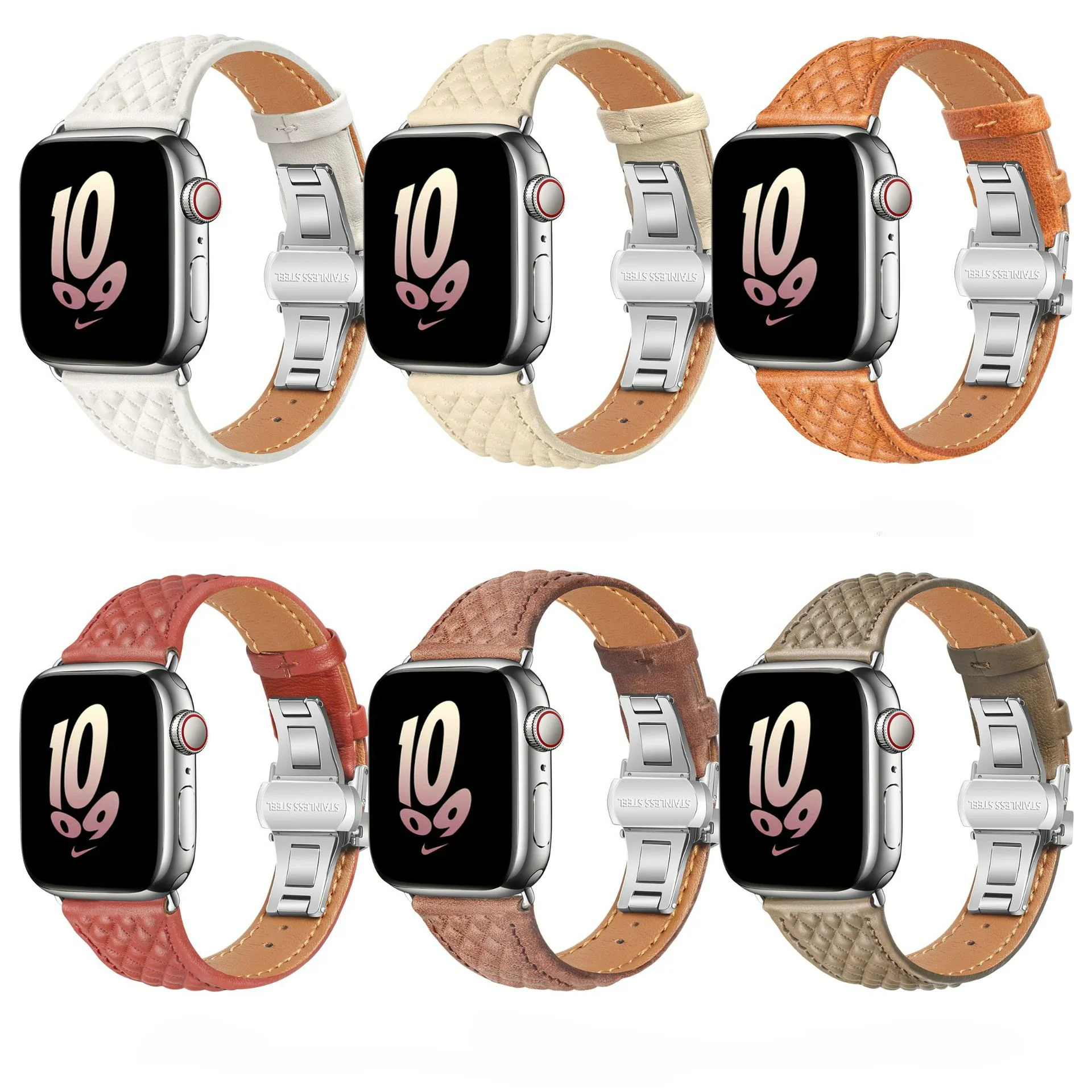 Compatible With Apple Watch Strap Butterfly Buckle Diamond Pattern Iwatch8Ultra Real Cowhide Fine Strap