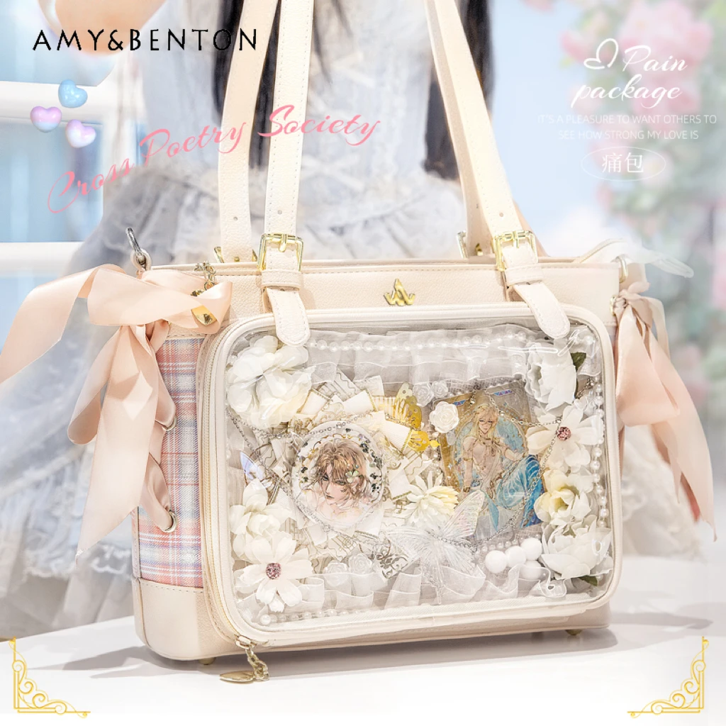 Original Sweet Cross Ribbon Bow Large Capacity Lolita Shoulder Bag Japanese Mine Plaid Stitching Transparent Kawaii Handbags