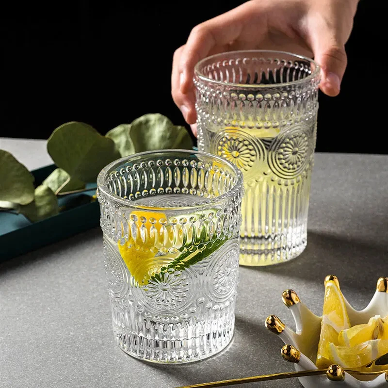 300ml/350ml Sunflower Pattern Wine Glass, Relief Pattern, Vintage Tea Cup, Drinking Cup, Coffee Cup, Water Bottle, Wine Glass