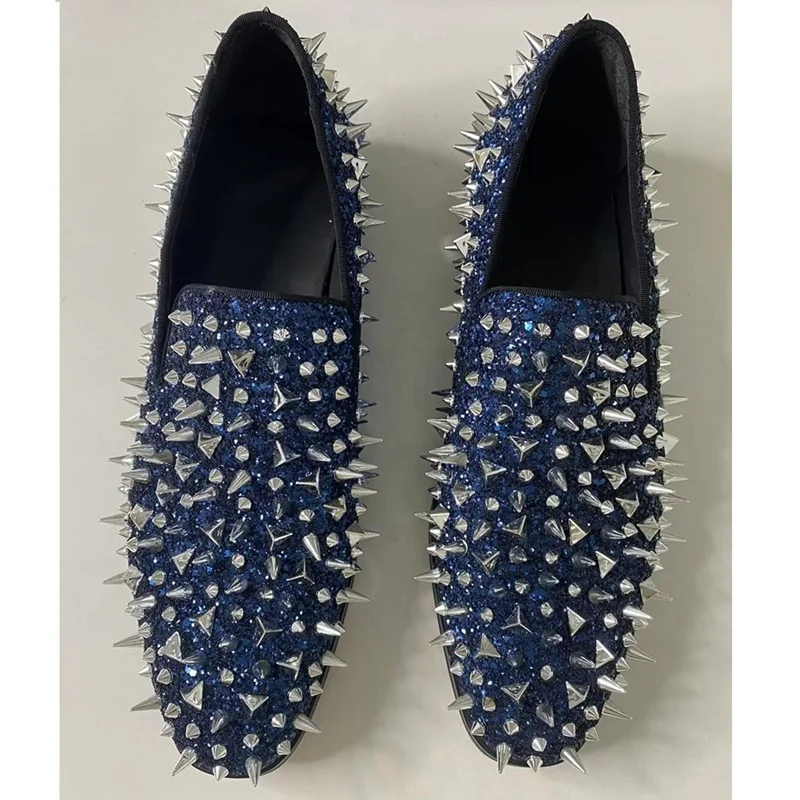 

LOUBUTEN Fashion New Rivet Loafers Luxury Men Spike Shoes High Quality Blue Sequined Shoes Slip On Glitter Flats Male Party Shoe