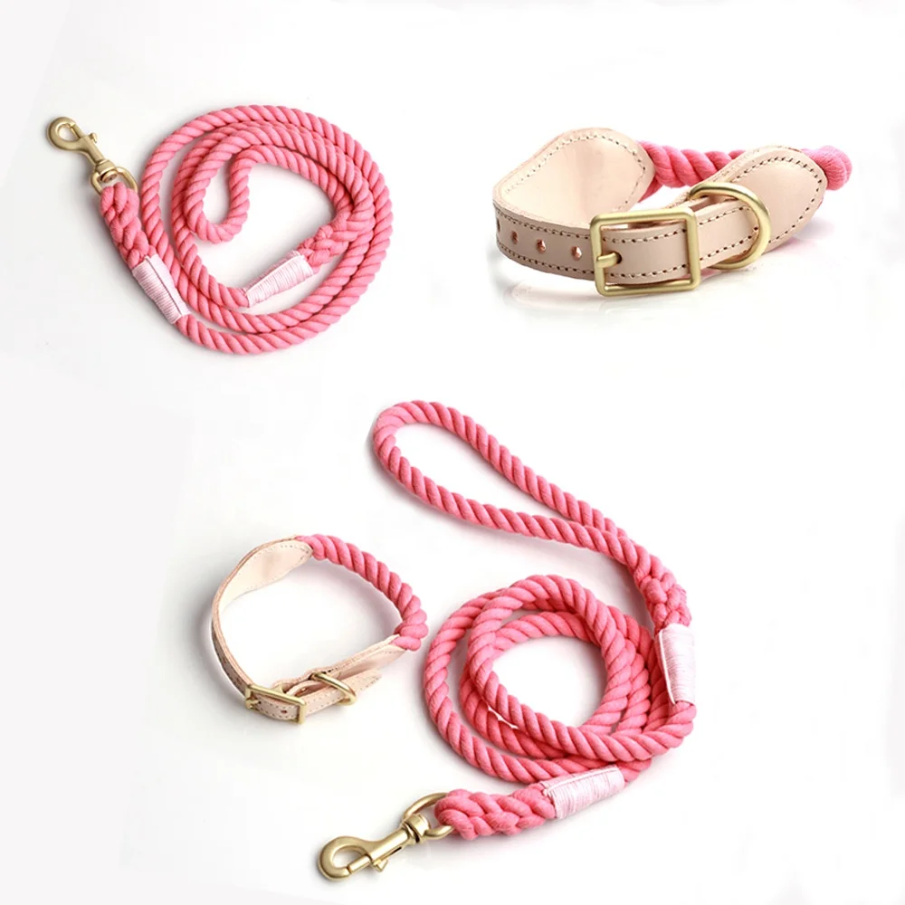 Wholesale Pet Supplies And Accessories Hands free Dog Braided Cotton Rope Lead Leash Vegan Pu Leather Rope Dog Collar