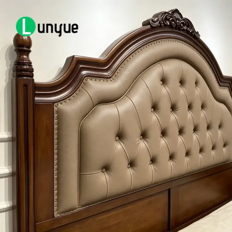 King Size Four Poster Bed Rubber Wood Frame Leather Headboard Carved Legs Durable Upholstered Spring Mattress Support Modern