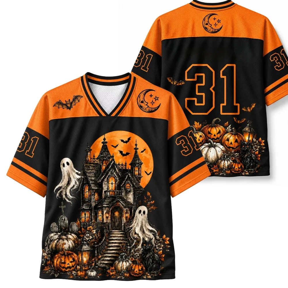 Halloween Moon Night Haunted House Ghost Atmosphere 3Dprint Sports Quick-dry Men Women's V-neck Loose Trendy Dance Party T-shirt